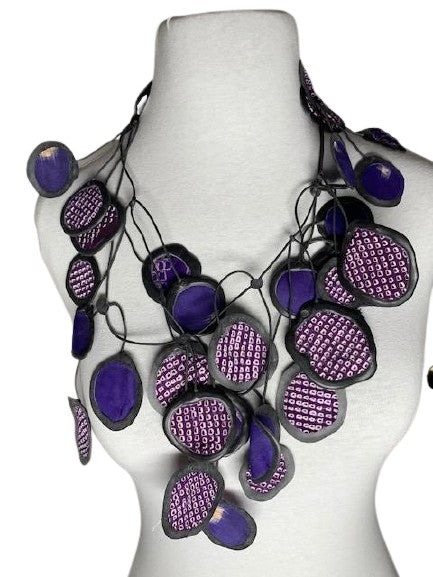 Upcycled, Antique, Silk Kimono Necklace - Purple